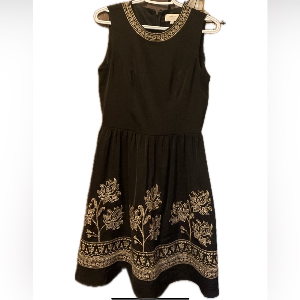 Mystic Elegant Fit & Flare Black Dress with Gold Floral Embroidery.